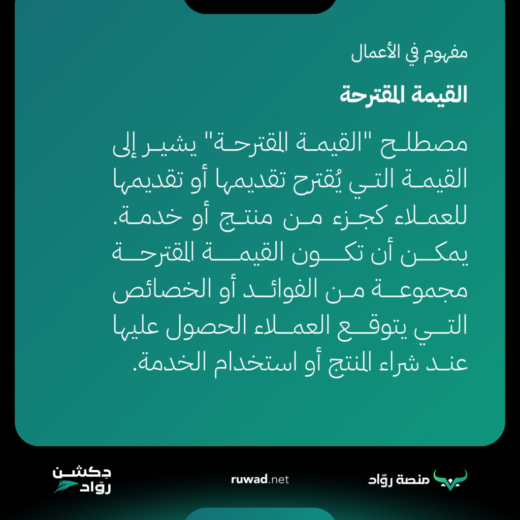 القيمة المقترحة Proposed Value 1 مصطلح “القيمة المقترحة” يشير إلى القيمة التي يُقترح تقديمها أو تقديمها للعملاء كجزء من منتج أو خدمة. يمكن أن تكون القيمة المقترحة مجموعة من الفوائد أو الخصائص التي يتوقع العملاء الحصول عليها عند شراء المنتج أو استخدام الخدمة.